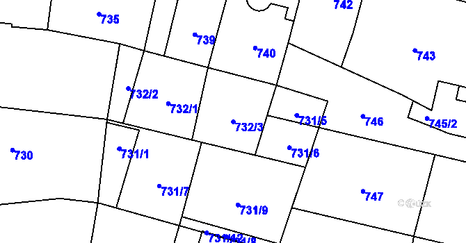 Parcela st. 732/3 v KÚ Soběslav, Katastrální mapa