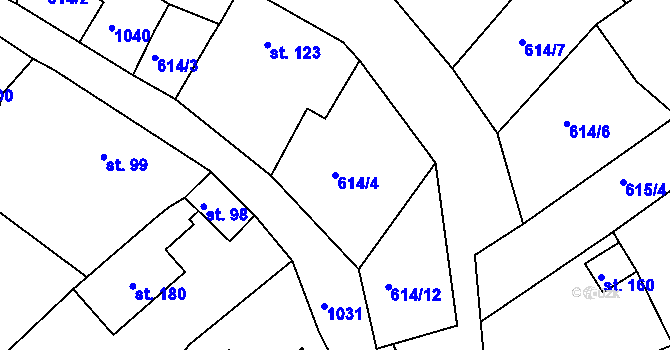 Parcela st. 614/4 v KÚ Milovice, Katastrální mapa