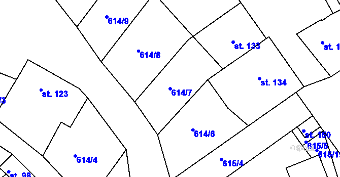 Parcela st. 614/7 v KÚ Milovice, Katastrální mapa