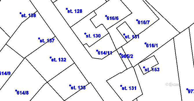Parcela st. 614/11 v KÚ Milovice, Katastrální mapa