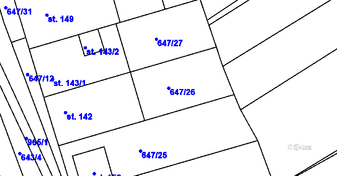 Parcela st. 647/26 v KÚ Milovice, Katastrální mapa