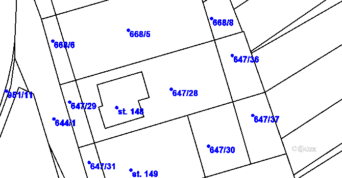 Parcela st. 647/28 v KÚ Milovice, Katastrální mapa
