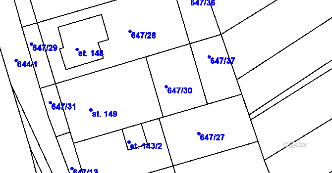 Parcela st. 647/30 v KÚ Milovice, Katastrální mapa