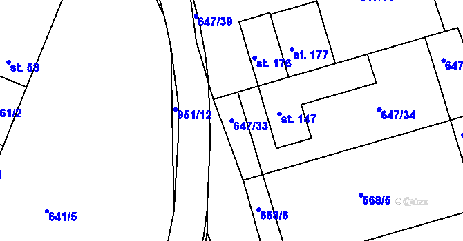 Parcela st. 647/33 v KÚ Milovice, Katastrální mapa