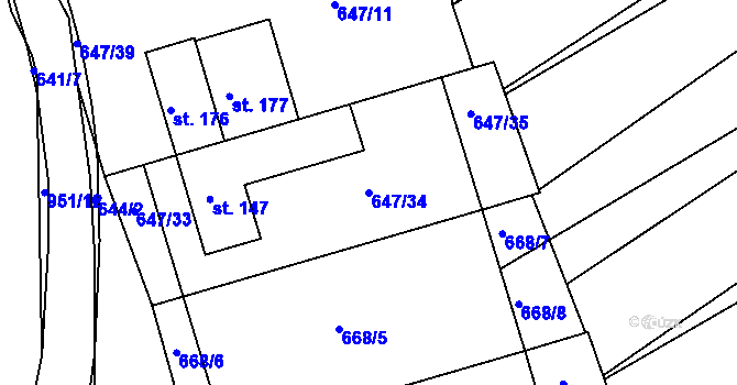 Parcela st. 647/34 v KÚ Milovice, Katastrální mapa