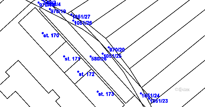 Parcela st. 1051/25 v KÚ Milovice, Katastrální mapa