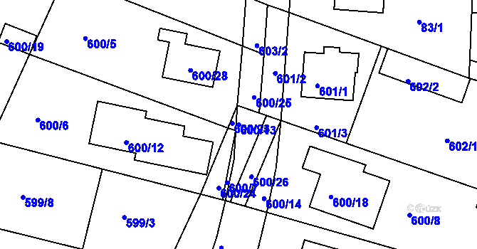 Parcela st. 600/13 v KÚ Soběšice, Katastrální mapa