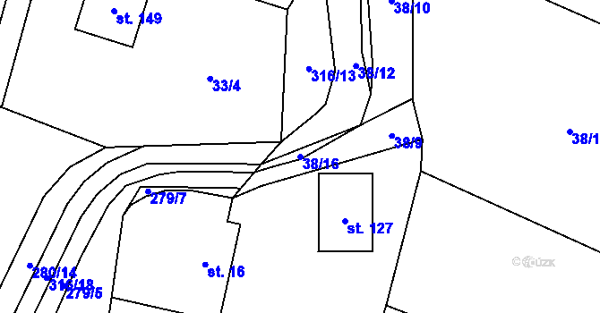 Parcela st. 38/16 v KÚ Sobětuchy, Katastrální mapa