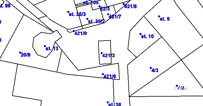 Parcela st. 421/3 v KÚ Sobíšky, Katastrální mapa