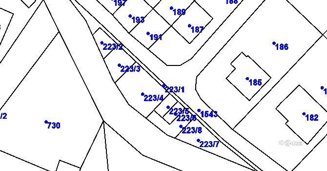Parcela st. 223/1 v KÚ Sobotín, Katastrální mapa