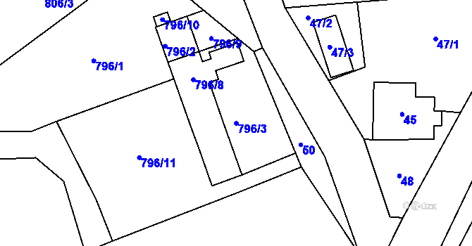 Parcela st. 796/3 v KÚ Sobotín, Katastrální mapa