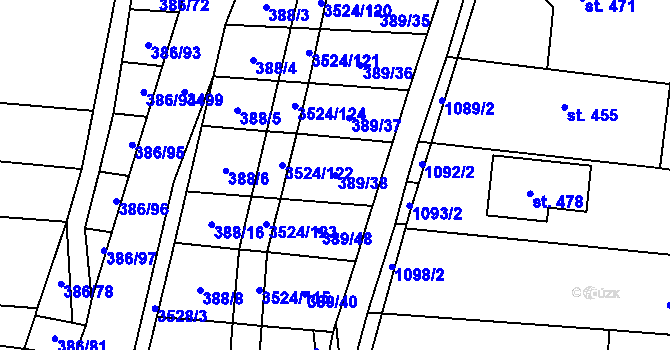 Parcela st. 389/38 v KÚ Sobůlky, Katastrální mapa