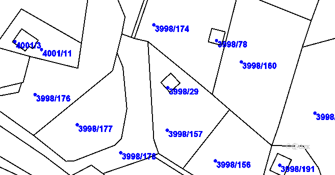 Parcela st. 3998/29 v KÚ Těšovice, Katastrální mapa