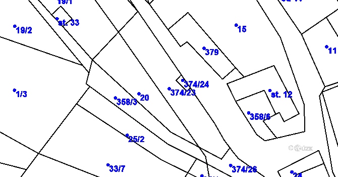 Parcela st. 374/23 v KÚ Větrov u Solenic, Katastrální mapa
