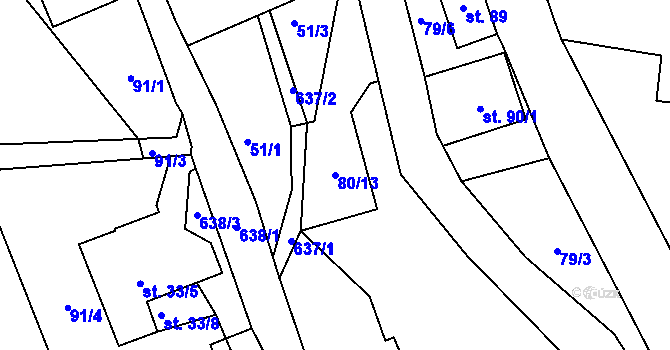 Parcela st. 80/13 v KÚ Ještětice, Katastrální mapa