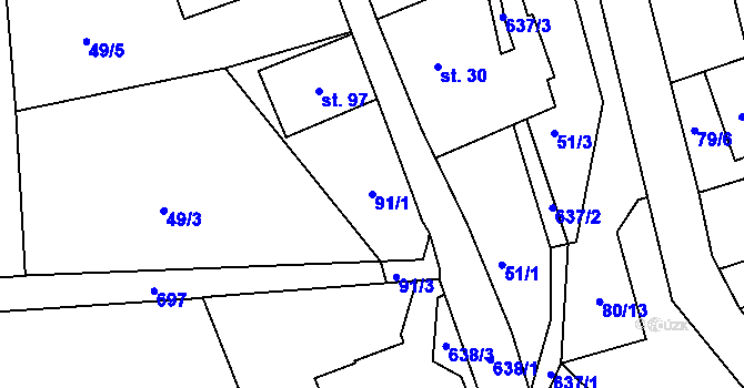 Parcela st. 91/1 v KÚ Ještětice, Katastrální mapa
