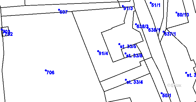Parcela st. 91/4 v KÚ Ještětice, Katastrální mapa