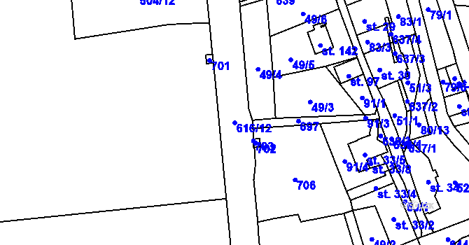 Parcela st. 616/12 v KÚ Ještětice, Katastrální mapa