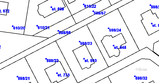 Parcela st. 598/23 v KÚ Srbín, Katastrální mapa