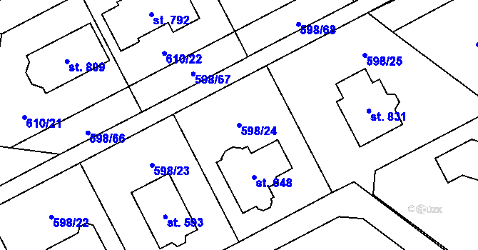 Parcela st. 598/24 v KÚ Srbín, Katastrální mapa