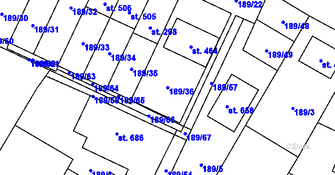 Parcela st. 189/36 v KÚ Srch, Katastrální mapa
