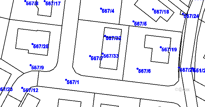 Parcela st. 567/33 v KÚ Srubec, Katastrální mapa