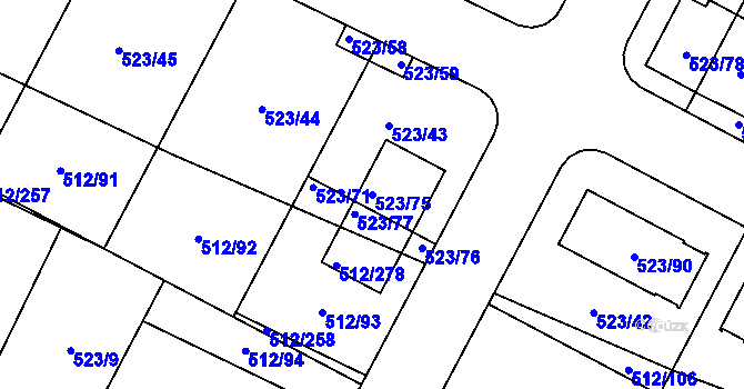 Parcela st. 523/75 v KÚ Srubec, Katastrální mapa