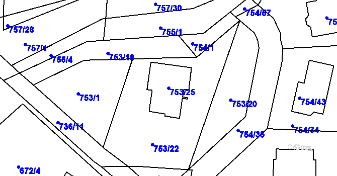 Parcela st. 753/25 v KÚ Srubec, Katastrální mapa