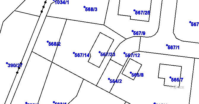 Parcela st. 567/23 v KÚ Srubec, Katastrální mapa