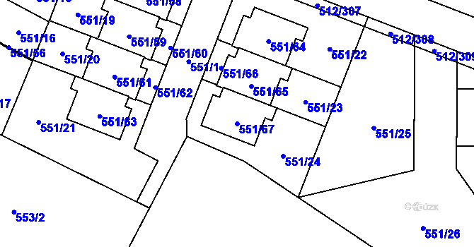 Parcela st. 551/67 v KÚ Srubec, Katastrální mapa