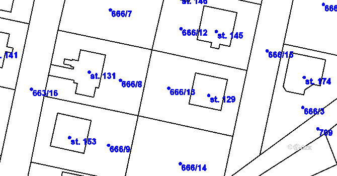 Parcela st. 666/13 v KÚ Skoky u Staměřic, Katastrální mapa