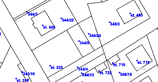 Parcela st. 344/9 v KÚ Stará Huť, Katastrální mapa