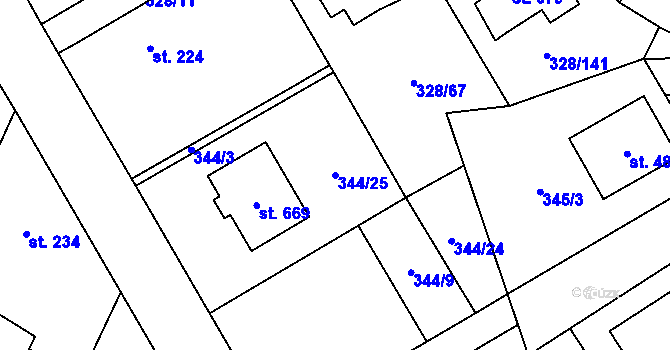 Parcela st. 344/25 v KÚ Stará Huť, Katastrální mapa