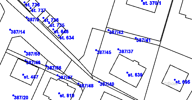 Parcela st. 387/45 v KÚ Stará Huť, Katastrální mapa