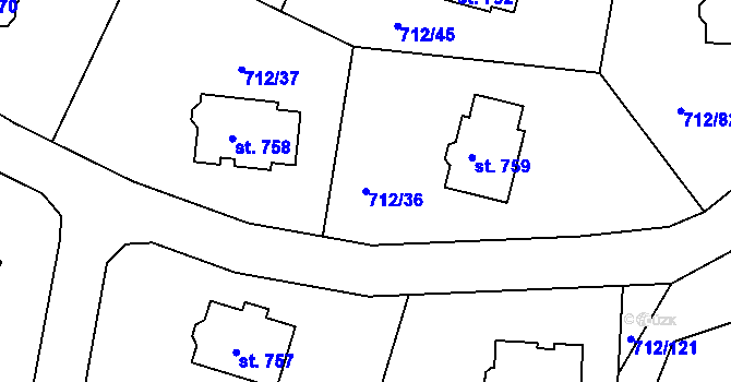 Parcela st. 712/36 v KÚ Stará Huť, Katastrální mapa