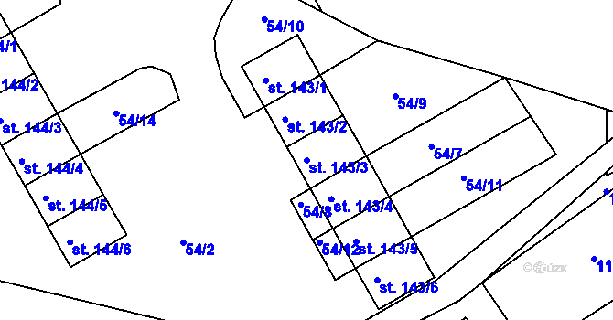 Parcela st. 143/3 v KÚ Počerny, Katastrální mapa