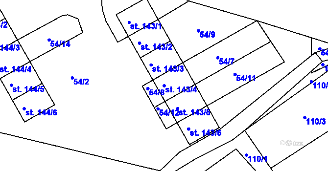 Parcela st. 143/4 v KÚ Počerny, Katastrální mapa