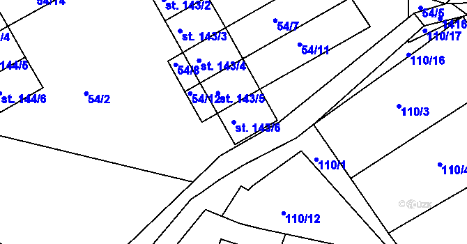 Parcela st. 143/6 v KÚ Počerny, Katastrální mapa