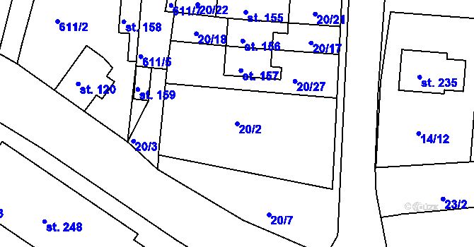 Parcela st. 20/2 v KÚ Počerny, Katastrální mapa