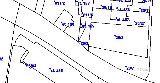 Parcela st. 20/3 v KÚ Počerny, Katastrální mapa