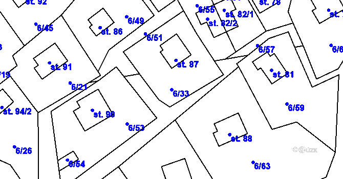Parcela st. 6/33 v KÚ Dřevce, Katastrální mapa