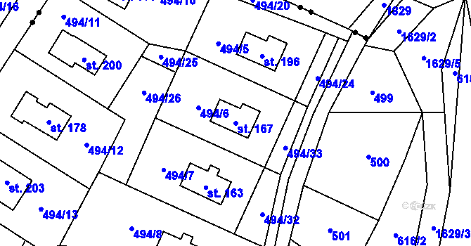 Parcela st. 167 v KÚ Horní Staré Buky, Katastrální mapa