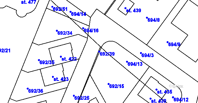 Parcela st. 692/39 v KÚ Brozany nad Labem, Katastrální mapa