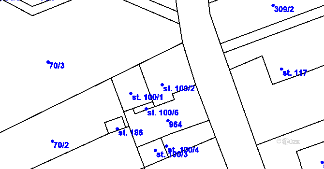 Parcela st. 100/2 v KÚ Brozany nad Labem, Katastrální mapa