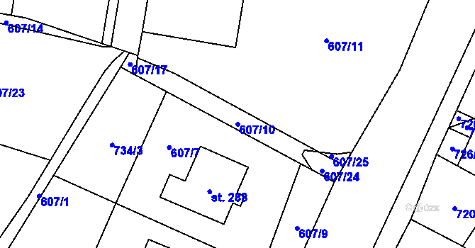 Parcela st. 607/10 v KÚ Brozany nad Labem, Katastrální mapa