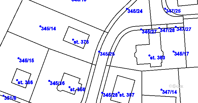 Parcela st. 345/25 v KÚ Brozany nad Labem, Katastrální mapa