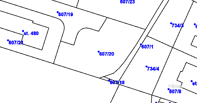 Parcela st. 607/20 v KÚ Brozany nad Labem, Katastrální mapa