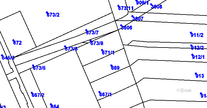 Parcela st. 671/1 v KÚ Starovičky, Katastrální mapa