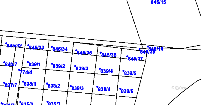 Parcela st. 845/36 v KÚ Starovičky, Katastrální mapa