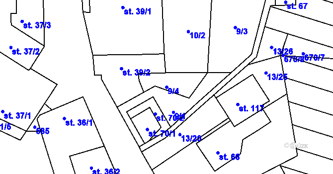 Parcela st. 9/4 v KÚ Starý Pelhřimov, Katastrální mapa